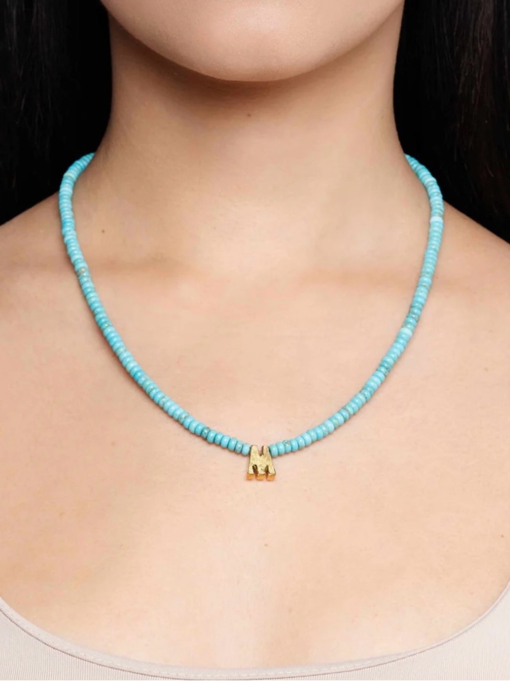 Mayamar Turquoise Beaded Necklace with Gold Initial M